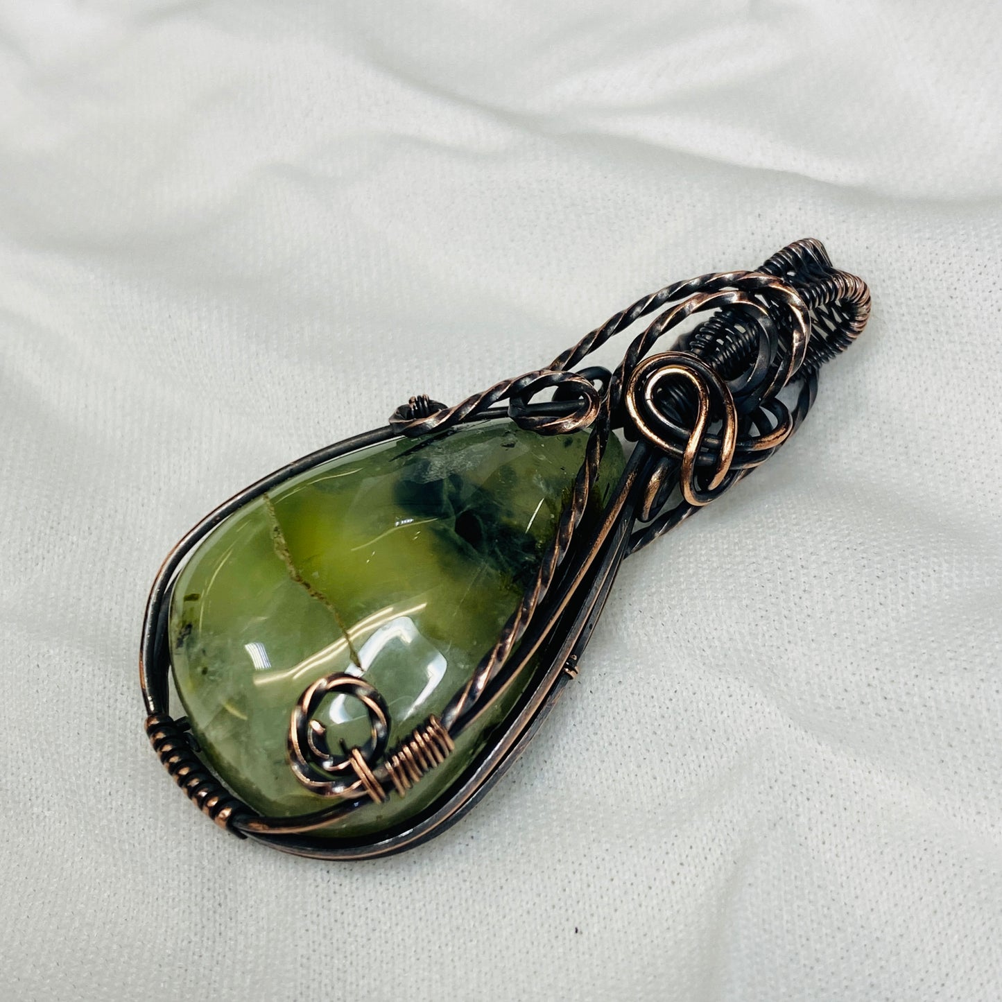 Antique Copper Wire Wrapped Prehnite Pendant