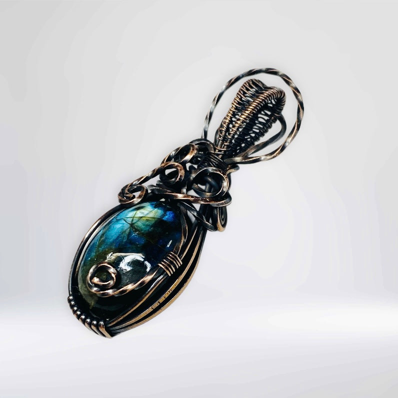 Antique Copper Wire Wrapped Labradorite Pendant