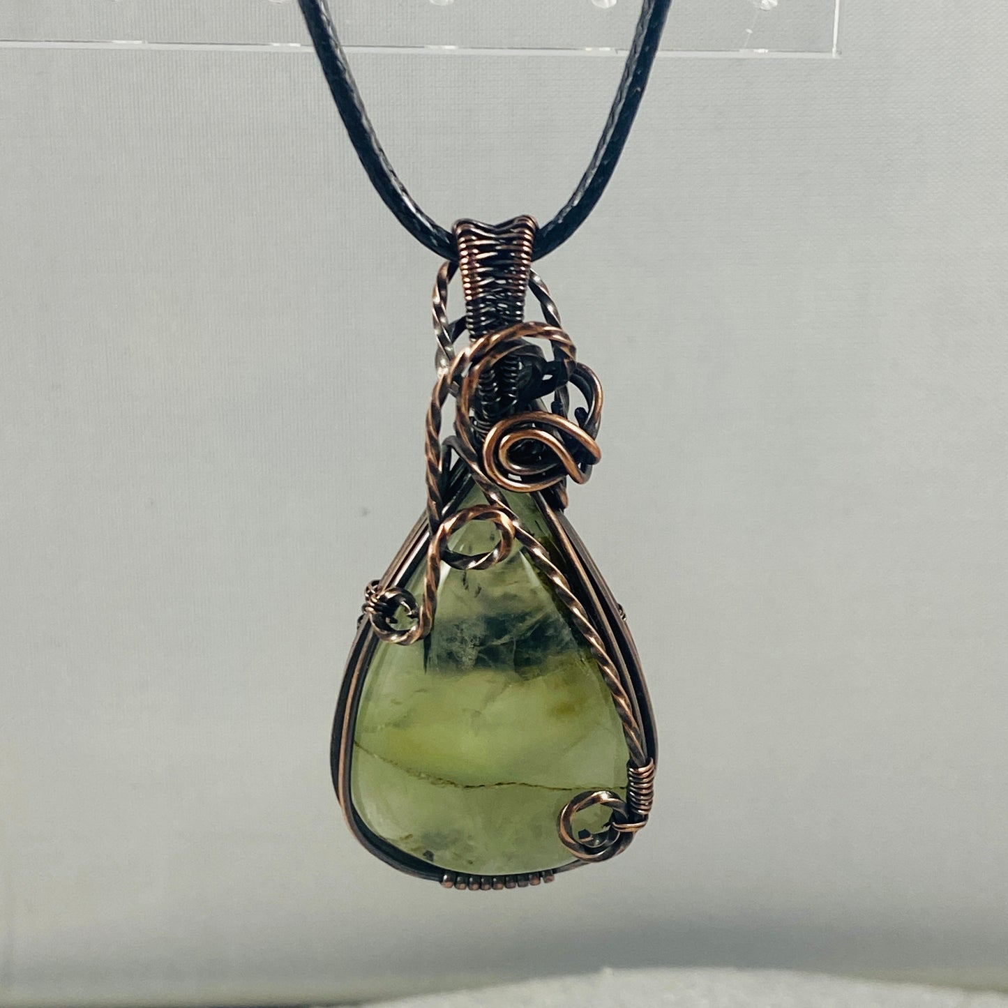 Antique Copper Wire Wrapped Prehnite Pendant