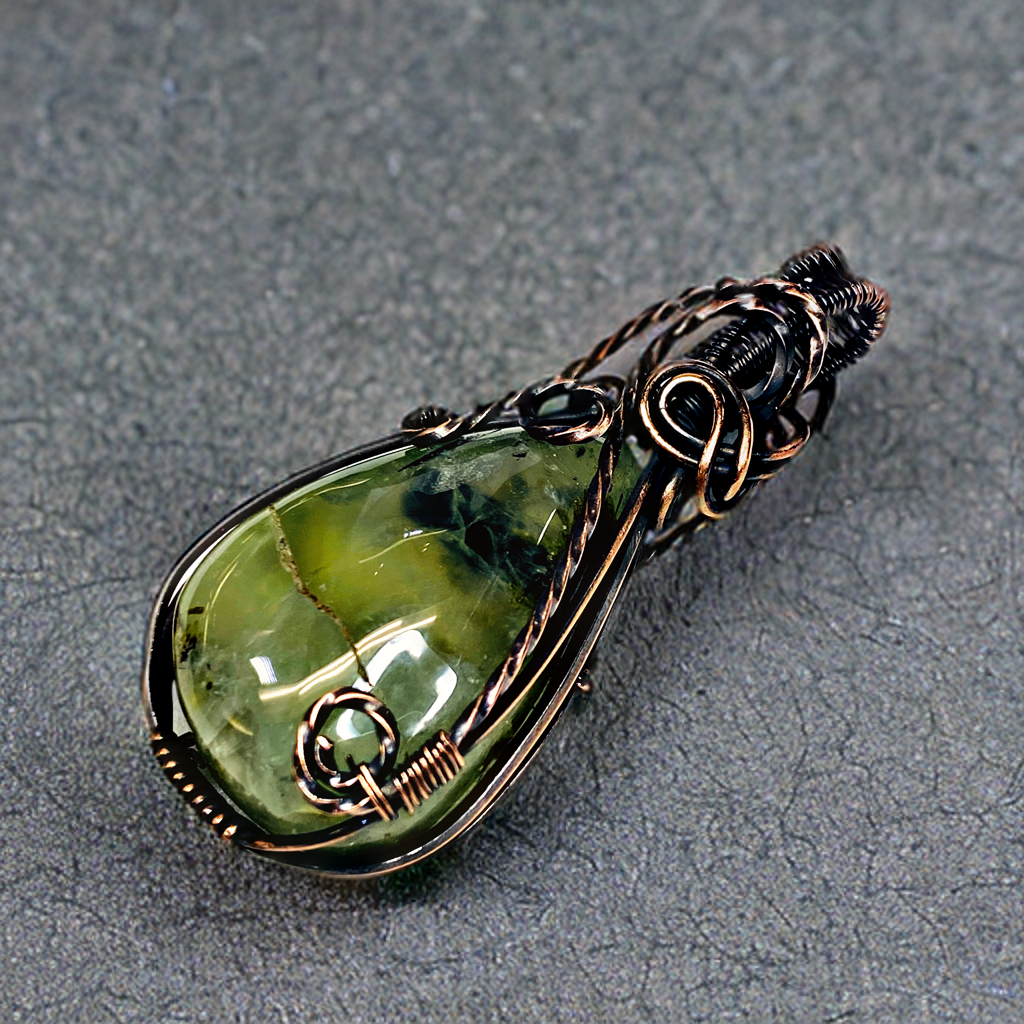 Antique Copper Wire Wrapped Prehnite Pendant