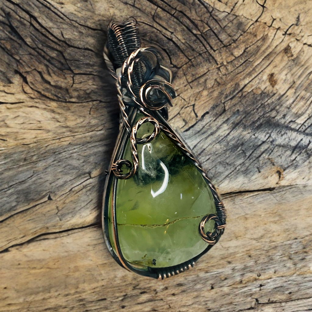 Antique Copper Wire Wrapped Prehnite Pendant