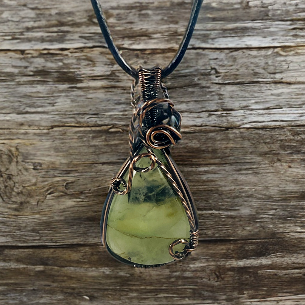 Antique Copper Wire Wrapped Prehnite Pendant