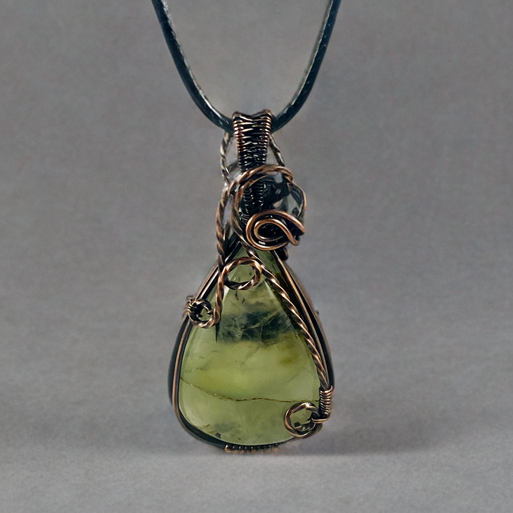 Antique Copper Wire Wrapped Prehnite Pendant