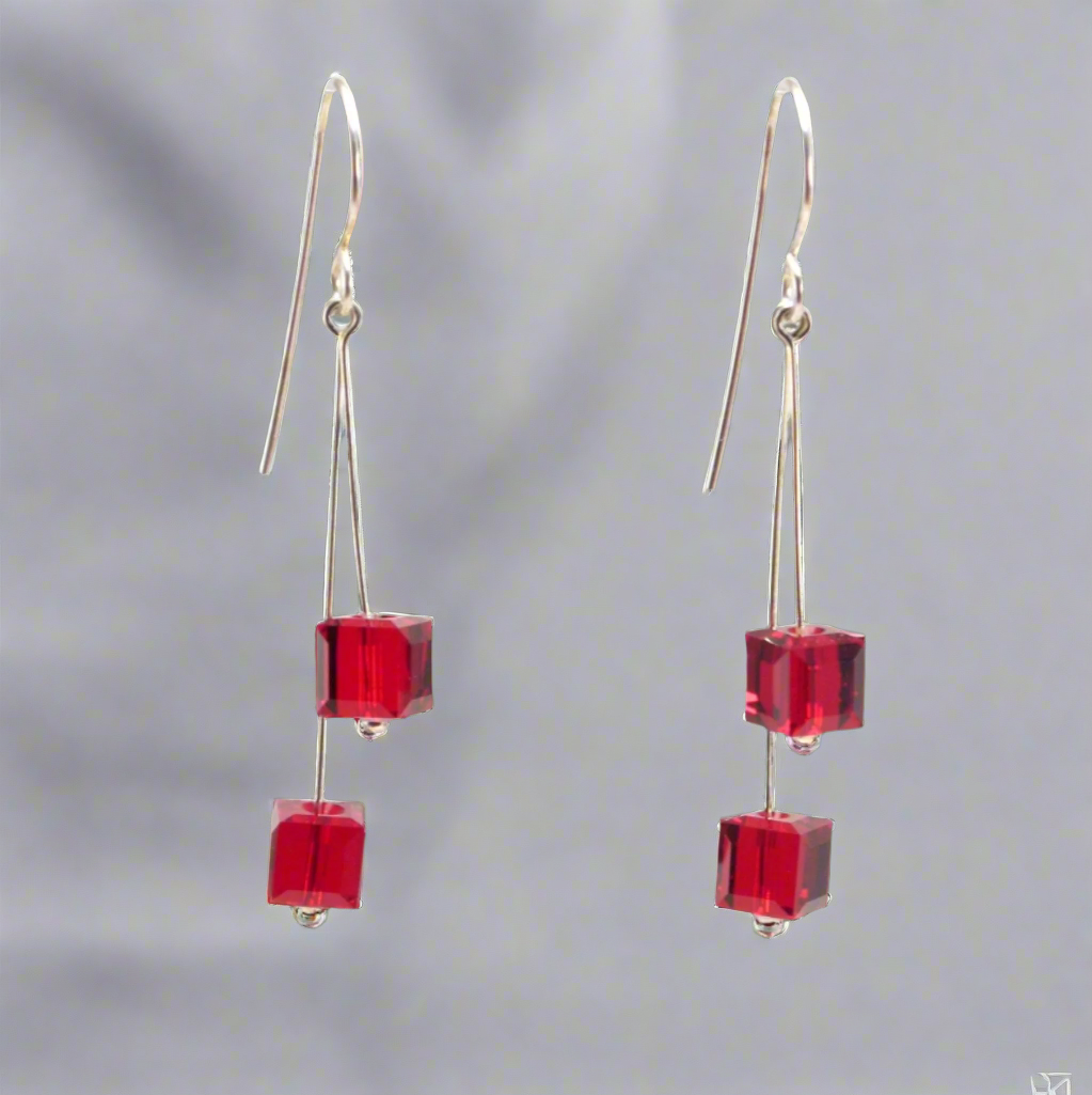 Red Crystal Cube Earrings