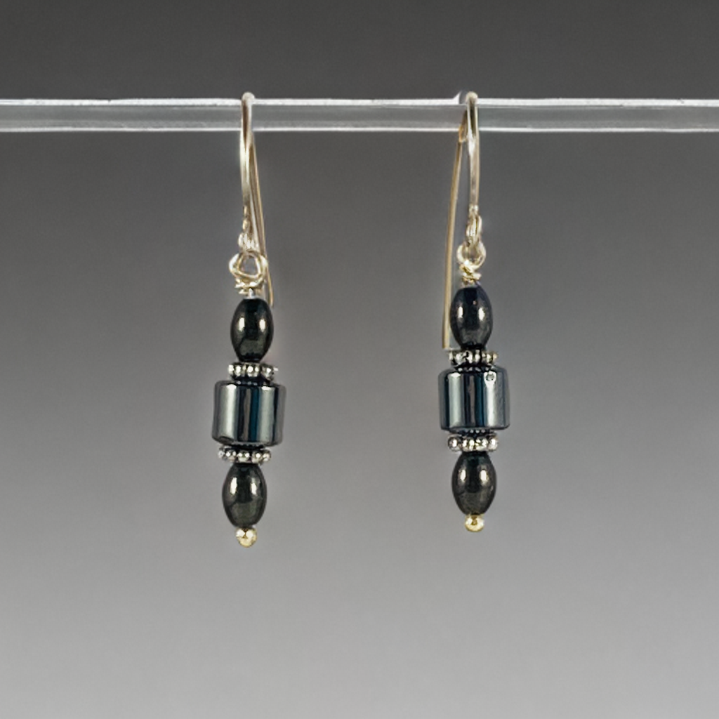 Hematite Barrel Earrings Long