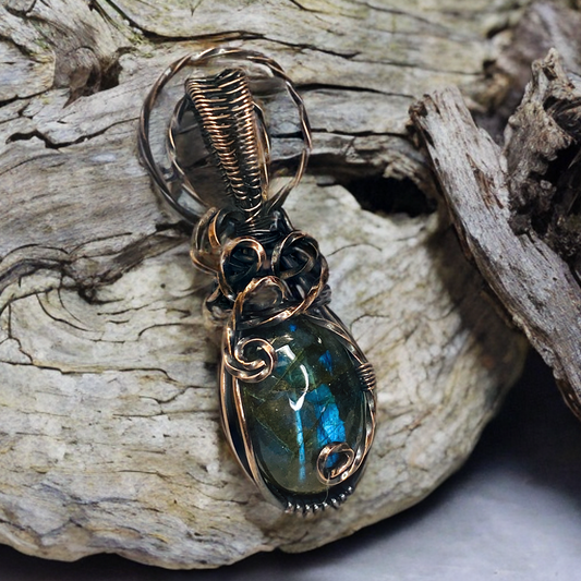 Antique Copper Wire Wrapped Labradorite Pendant